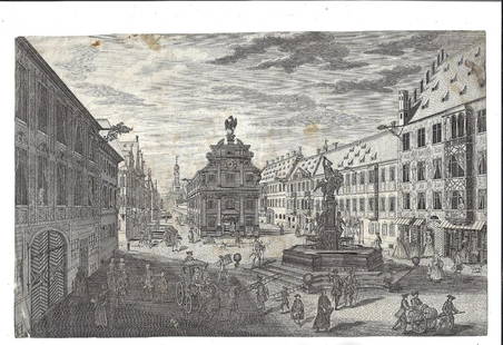 1750 Large Engraving German Town Square: A large engraving of a German town square with citizen life including coaches and tradespeople. Circa 1750. Very Good, trimmed, measures 16 x 10". Reserve: $40.00 Shipping: Domestic: Flat-rate of $10.