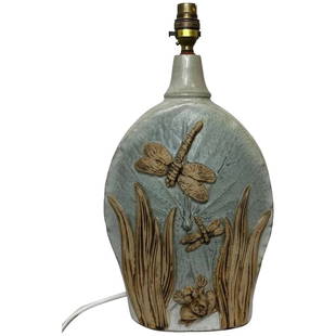 Studio Pottery Dragonfly Reeds Frog Leaf Shape Vase Lamp Base By Bernard Rooke: Studio Pottery Dragonfly Reeds Frog Leaf Shape Vase Lamp Base By Bernard Rooke 1 Vintage Large Original 20th Century Studio Pottery Dragonfly Reeds Frog Leaf Shape Vase Lamp Base By Bernard Rooke Cera