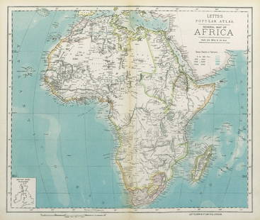 EARLY COLONIAL AFRICA pre Scramble for Africa. Mountains of Kong. LETTS 1883 map: TITLE/CONTENT OF MAP: 'Letts's General map of Africa; Inset map of British Isles' Shows the non-existent Mountains of Kong DATE PRINTED: 1883 IMAGE SIZE: Approx 36.0 x 42.5cm, 14 x 16.75 inches (Large