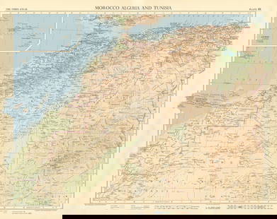Morocco Algeria. French & Spanish West Africa. Sahara sand dunes. TIMES 1956 map: TITLE/CONTENT OF MAP: 'Morocco // Algeria // Tunisia // Azores' DATE PRINTED: 1956 IMAGE SIZE: Approx 47.5 x 60.5cm, 18.75 x 23.75 inches (Large); Please note that this is a folding map. TYPE: Vintage