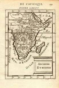 SUB-SAHARAN AFRICA. 'Ancienne Ethiopie'. Ancient Ethiopia. MALLET 1683 old map: TITLE OF THE MAP: 'Ancienne Ethiopie' (De L'Afrique) Central, Eastern & Southern Africa plus Madagascar DATE PRINTED: 1683 IMAGE SIZE: Approx Overall page size 13 x 21cm approximately (5 x 8 inches);