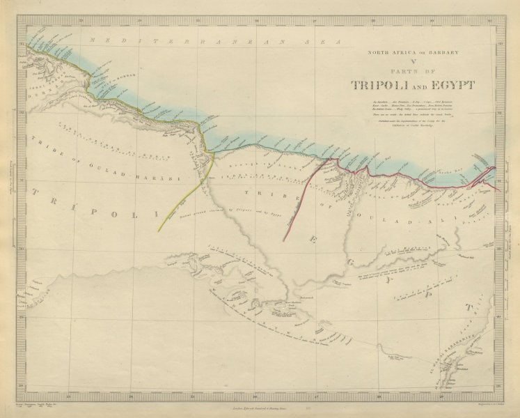 NORTH AFRICA BARBARY. Tripoli Libya Egypt coast Alexandria Tobruk. SDUK 1874 map: TITLE/CONTENT OF MAP: 'NORTH AFRICA OR BARBARY, V., PARTS OF TRIPOLI AND EGYPT' DATE PRINTED: 1874 IMAGE SIZE: Approx 34.0 x 42.5cm, 13.25 x 16.75 inches (Large) TYPE: Antique steel engraved map with 