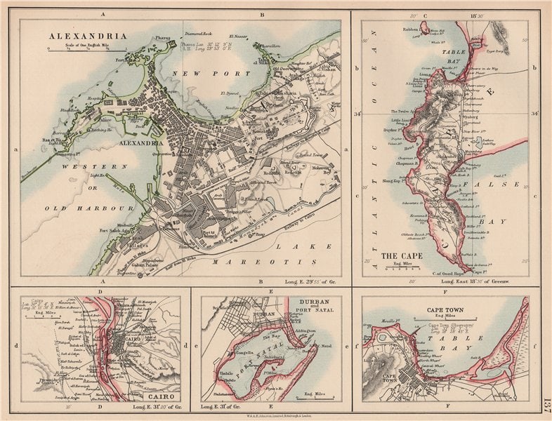 AFRICAN PORTS.Alexandria Cape Town Cairo Port Natal(Durban).JOHNSTON 1906 map: TITLE/CONTENT OF MAP: 'Alexandria; The cape; Cairo; Durban and Port Natal; Cape Town' DATE PRINTED: 1906 IMAGE SIZE: Approx 20.0 x 26.5cm, 8 x 10.5 inches (Medium) TYPE: Antique colour map CONDITION: 