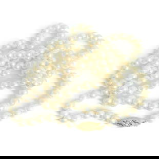 Long Japanese Cultured Pearl Necklace 14K Yellow Gold Clasp 30 Inches, 38.24 Gr: Long Japanese Cultured Pearl Necklace 14K Yellow Gold Clasp 30 Inches, 38.24 Gr This is a gorgeous classic pearl necklace! Please let us know if you have any questions. Pearls: 110 Japanese cultured p