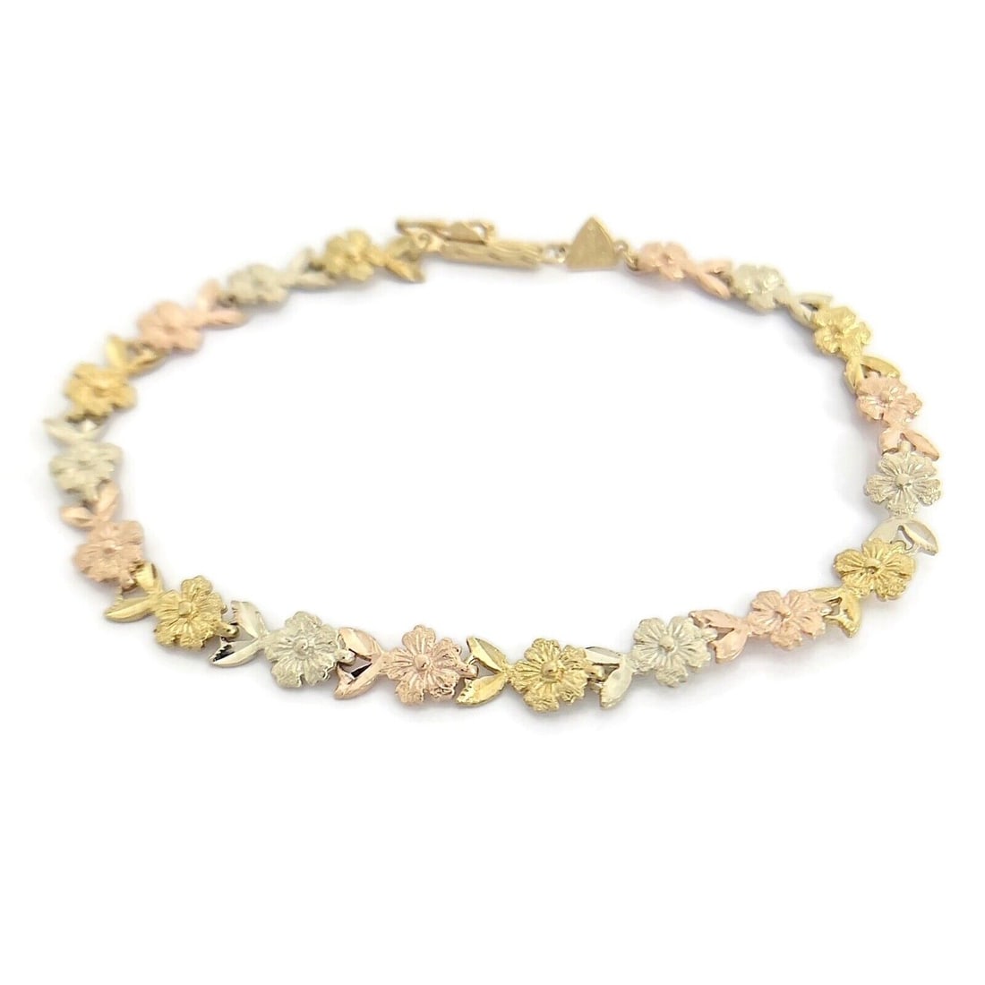 Tri-Color Flower Chain Link Bracelet 14K Yellow Rose White Gold, 5.11 Grams (1 of 8)