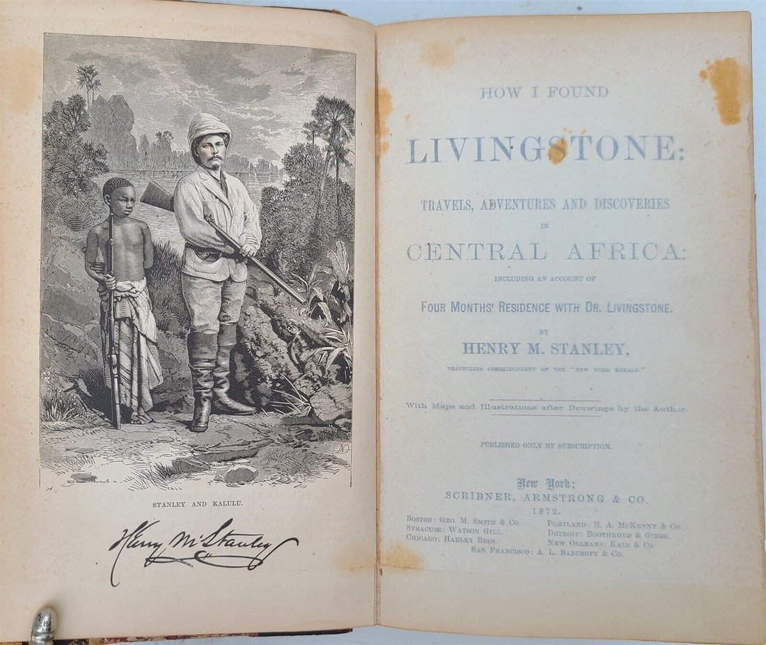 1872 LIVINGSTONE TRAVELS in CENTRAL AFRICA by HENRY STANLEY antique ILLUSTRATED: HOW I FOUND LIVINGSTONE : Travels, Adventures, and Discoveries in Central Africa New York; 1872 Illustrated Size: 6 by 9 1/4" 3/4 leather, marbled boards. wear of binding, some crude tape repairs. Tex