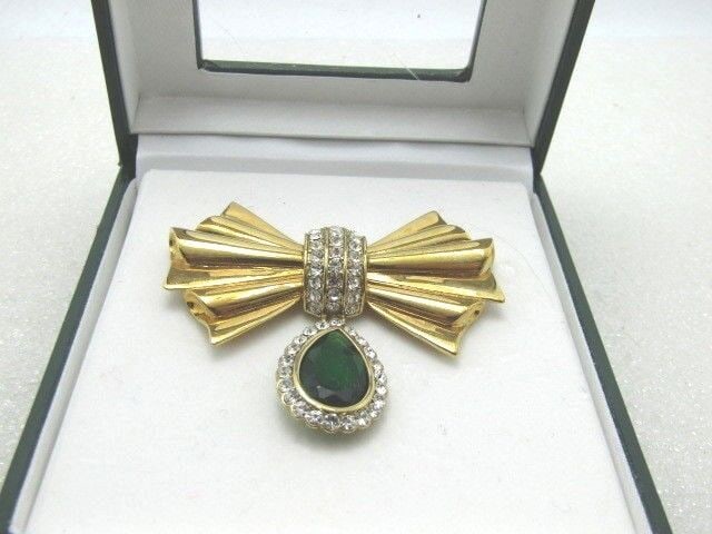 Avon Rhinestone Bow and Dangle Brooch, Signed 2004 HS Avon, 2-1/8", In Box (1 of 10)