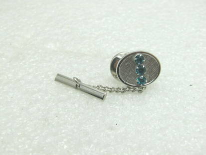 Vintage Sterling Silver Aqua Rhinestone Tack Pin, Foster: Vintage Sterling Silver Aqua Rhinestone Tack Pin, Oval with three 3mm aqua rhinestones which are prong-set. This is a recessed textured finish and smooth raised frame. Signed Foster on the back. It is