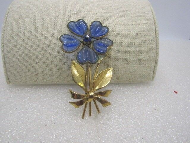 Vintage Blue Heart Floral Brooch, Gold Tone, 3", Mid-Century (1 of 5)