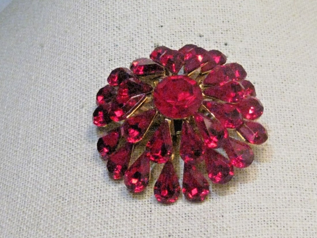 Vintage Red Rhinestone Blossom Brooch, Tiered, 2.25", Gold Tone, 1960's (1 of 7)