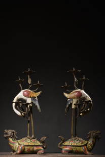 A Pair Chinese Bronze Cloisonne Dragon Turtle & Crane Candlesticks: Title: A Pair Chinese Bronze Cloisonne Dragon Turtle & Crane CandlesticksDate/Period: After1780Origin: ChineseDimension: 420x210x110(mm) 16.54x8.27x4.33(inches) Weight 11.96 lbs/5425g Materials: