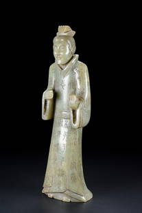 Chinese Hetian Jade Figure Statue: Title: Chinese Hetian Jade Figure Statue Date/Period: After1700 Origin: Chinese Dimension: 230x66x42(mm) 9.06x2.60x1.65(inches) Weight 1.89 lbs/858g Materials: Hetian Jade Reserve: $1,999.00 Shipping: