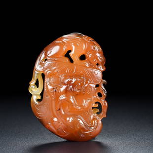 Old Chinese Agate High Relief Fortune Dragon & Axe Pendant: Title: Old Chinese Agate High Relief Fortune Dragon & Axe PendantDate/Period: After1750Origin: ChineseDimension: 70x52x21(mm) 2.76x2.05x0.83(inches) Weight 0.18 lbs/83gMaterials: Agate Reserve: