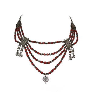 Sri Lankan Necklace Sterling Silver Filigree Mediterranean Red Coral Bead: Title: Sri Lankan Necklace Sterling Silver Filigree Mediterranean Red Coral Bead Additional Information: Four strands of sterling silver filigree beads and Mediterranean red coral beads. Bought on tri