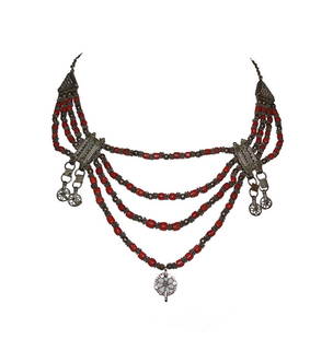 Sri Lankan Necklace Sterling Silver Filigree Mediterranean Red Coral Bead: Title: Sri Lankan Necklace Sterling Silver Filigree Mediterranean Red Coral Bead Additional Information: Four strands of sterling silver filigree beads and Mediterranean red coral beads. Bought on