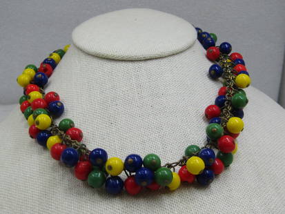 1930's Czech Harlequin Glass Beaded Necklace, Dangle, 16": 1930's Czech Harlequin Glass Beaded Necklace, Dangle, 16". Beads are in the 7mm to 8mm size and not perfectly round. This is a dangled beaded necklace where red, green, yellow, and blue beads dangle f