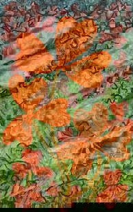 1960''s British Surrealist Oil Painting - Orange 3 Leaf Clover Abstract circa 1960''s: Stunning original oil painting by Elvic Steele depicting this surrealist fantasy abstract painting. Elvic Steele is a fascinating English painter. Her works entrance the observer, drawing them into he