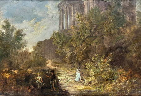 Fine Victorian Grand Tour Oil Painting Travellers at Temple of Vista at Tivoli 19th century: Artist/ School: English School (19th Century), inscribed verso Title: The Temple of Vista at Tivoli. Medium: oil on artists board, framed Framed: 13 x 16 inches Painting: 9 x 12.5 inches Provenance: