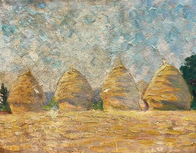 1930's French Post Impressionist Oil Painting Hay Stacks in Golden Fields c. 1930's: Artist/ School: Suzanne Crochet (French c. 1930), French Impressionist artist Title: Haystacks Medium: oil on board, unframed board: 9.5 x 12 inches Provenance: private collection, France Condition: