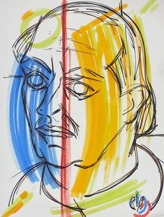 French Modernist Gouache Painting Orange And Blue Portrait Of Man Drawing 1970: by Paul-Louis Bolot (French 1918-2003) signed initials original gouache painting on thick paper/ card unframed condition: very good and sound; the edges have a few curls and scuffs/ edge tears which s