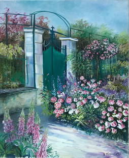 The Garden Door at Giverny, Signed French Impressionist Oil Painting on Canvas: Artist/ School: B. Rigaudiere, signed front and back, French early 21st century Title: ''La Grande Porte Giverny'' Medium: oil painting on canvas, unframed and inscribed verso canvas : 18 x 15 inches