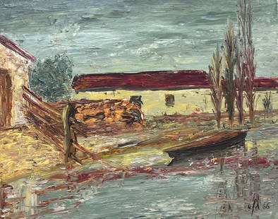 FERNAND AUDET (1923-2016) FRENCH IMPRESSIONIST OIL - RED ROOF LANDSCAPE c. 1950''s: by Fernand Audet (French, Tarascon 1923- Mulhouse 2016) signed dated 66'' oil painting on board, unframed painting: 13 x 16 inches A fine 20th century oil painting by the listed French Impressionist