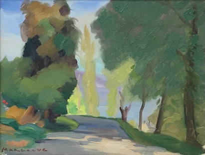 1950''s French Modernist Signed Oil, Golden Green Landscape Woodland Pathway: Artist/ School: mid 20th century French signed oil painting Title: The Golden Woodland Pathway Medium: oil on canvas, framed and inscribed verso Framed: 12 x 15 inches canvas: 11 x 14 inches Provenanc