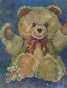 BARBARA DOYLE 1970''s MODERN BRITISH OIL PAINTING - Teddy bear c. 1970''s: Artist/ School: Barbara Doyle, British b. 1917 signed Barbara Doyle (British b.1917, born in Halifax Yorkshire, lived most of her life on the South Coast of England. She was an extremely active painte