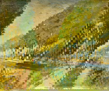 Signed Impressionist Oil Painting Fishermen Banks Green Canal Poplar Trees: Le Pecheur by Elie Anatole Pavil (Ukraine 1873-1944) signed oil on canvas, unframed 24 x 29 private collection, France the painting is in overall good and sound condition, minor surface scuffs/ scratc