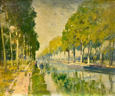 Signed Impressionist Oil Painting Fishermen Banks Green Canal Poplar Trees: Le Pecheur by Elie Anatole Pavil (Ukraine 1873-1944) signed oil on canvas, unframed 24 x 29 private collection, France the painting is in overall good and sound condition, minor surface scuffs/ scratc