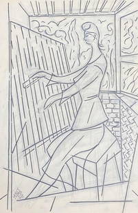 21th Century French Modernist Gouache Painting Man Playing The Harp 21th Century (2002: by Paul-Louis Bolot (French 1918-2003) signed original gouache painting on thick paper/ card unframed condition: very good and sound; the edges have a few curls and scuffs/ edge tears which should all