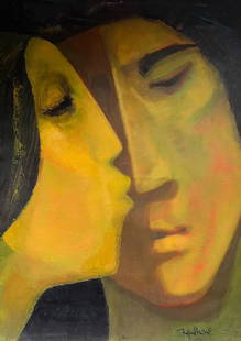 Huge French Modernist Oil Kissing Couple Abstract Figures, signed painting 1980: Artist/ School: French School, signed and dated Title: Kissing Couple, beautfiful Modernist work with green, beige, brown, yellow, golden colours. Medium: oil on canvas, unframed Painting: 52 x 39.5 i