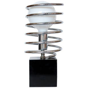 Modernist Spring Table Lamp by Sonneman Lighting Company: Modernist Spring Table Lamp by Sonneman Lighting Company This modernist spring table lamp features a black steel cube with a chrome socket surrounded by a large chrome coil spring. It's unique and ele