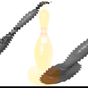 Wood Dix Tournament Select Real Bowling Pin Table Lamp: Wood Dix Tournament Select Real Bowling Pin Table Lamp Midcentury wood bowling pin table lamp dix tournament select mounted on round wood base. Measures: 9" diameter base x 20" tall. Attributed to: DI
