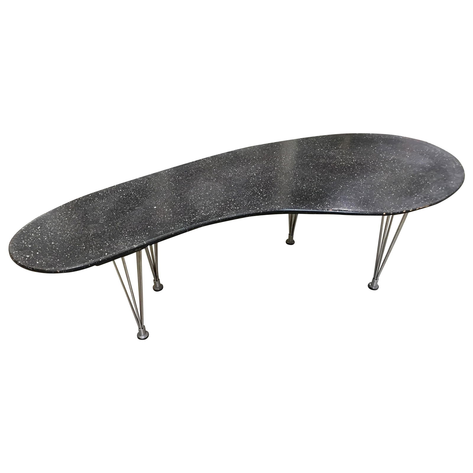 Large 67" Mid-Century Bruno Mathsson Biomorphic Coffee Table w/ Wire Spoke Legs: Large 67" Mid-Century Bruno Mathsson Biomorphic Coffee Table w/ Wire Spoke Legs Made by Bruno Mathsson this Large 67" wide Mid-Century Scandinavian Biomorphic coffee table with a speckled paint tablet
