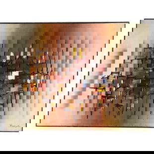 Brutalist Oil Paining on Canvas by Marcella Doane: Brutalist Oil Paining on Canvas by Marcella Doane Original signed abstract oil and canvas painting of a late multicolored geometric patterned by Marcella Doane in its original low profile black gold b