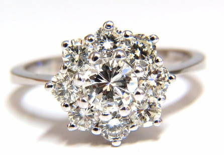 1.40ct diamonds raised cluster ring 14kt +: 1.40ct. Natural round diamonds cluster ring. Rounds & Full cut Brilliants H-color Vs-2 Si-1 clarity. Center: 4.6mm 14Kt White gold. 2.8 Grams Deck of ring: 11.2mm Depth: 7mm size 5.25 Resizing Service