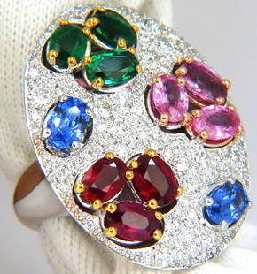 7.26CT NATURAL SAPPHIRE EMERALD RUBY DIAMONDS SECTIONAL COCKTAIL RING 18KT: 5.76ct. Natural Sapphire, Emeralds & Rubies cluster ring. (5) Oval cut Pink & Blue Sapphires, Clean Clarity (3) Oval Cut Emeralds (3) Oval Cut Rubies. All Natural. (Sapphires & Rubies only heat