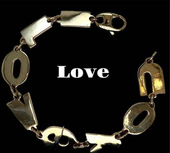 Vintage 14k yellow gold I love you bracelet: Details Vintage from before 2000 Bracelet width: 1/2 Inches; Bracelet length: 7 1/2 Inches Materials: Gold Description Vintage 14k yellow gold I Love You Bracelet 7 1/2” long by 1/2”