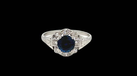 Antique, Platinum, Diamond, Sapphire ladies ring: Details Vintage from the 1920s Size: 8 1/4 US Materials: Platinum Gem color: Blue Adjustable Description Antique, Platinum, Diamond, Sapphire ladies ring Center genuine blue sapphire 1.25ct surround