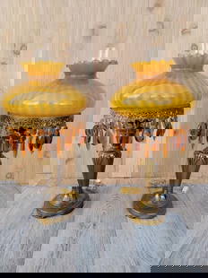 Vintage French Boudoir Style Electric Amber Glass Shade with a Brass Base Oil Lamps - Pair: Vintage from the 1950s Materials: Glass, metal Description: Vintage French Boudoir Style Electric Amber Glass Shade with a Brass Base Oil Lamps - Pair Gorgeous pair of antique ornate brass-based elect