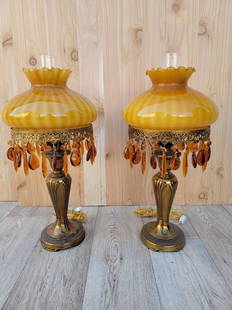 Vintage French Boudoir Style Electric Amber Glass Shade with a Brass Base Oil Lamps - Pair: Vintage from the 1950sMaterials: Glass, metal Description: Vintage French Boudoir Style Electric Amber Glass Shade with a Brass Base Oil Lamps - Pair Gorgeous pair of antique ornate brass-based