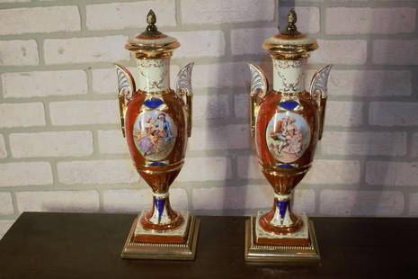 Antique French Sevres Style Hand Painted Porcelain and Brass Electrified Urns Table Lamps - Pair: Vintage from the 1950sMaterials: metal, brass, porcelain Description: Antique French Sevres Style Hand Painted Porcelain and Brass Electrified Urns Table Lamps - Pair Antique French Pair of Severs