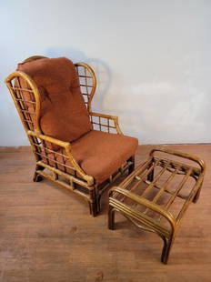 Mid Century Modern Rattan Wicker and Bamboo Framed Wingback Chair and Ottoman - 2 Piece Set: Vintage from the 1970sMaterials: wicker, rattan, bambooOverall width: 27 inchesOverall height: 43.5 inchesOverall depth: 31 inchesSeat height: 19 inches Description: Mid Century Modern Rattan Wicker