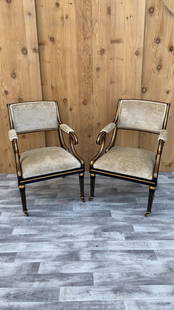 Regency Style Side Chairs by Baker Furniture on Ebonized Sabre Legs Newly Upholstered - Pair: Vintage from the 1960s Materials: wood, fabric, Chenille Overall width: 24 inches Overall height: 35 inches Overall depth: 20 inches Seat height: 17 inches Description: Vintage Regency Style Ebonized