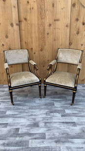 Regency Style Side Chairs by Baker Furniture on Ebonized Sabre Legs Newly Upholstered - Pair: Vintage from the 1960sMaterials: wood, fabric, ChenilleOverall width: 24 inchesOverall height: 35 inchesOverall depth: 20 inchesSeat height: 17 inches Description: Vintage Regency Style Ebonized