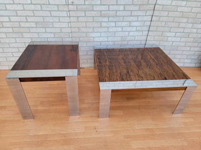 Mid Century Modern Milo Baughman Rosewood and Chrome Coffee and Side Table - 2 Piece Set: Vintage from the 1970s Materials: metal, wood, chrome, rosewood Description: Mid Century Modern Milo Baughman Rosewood and Chrome Coffee and Side Table with Heavy Gauge Chromed Carbon Steel Legs - 2 P