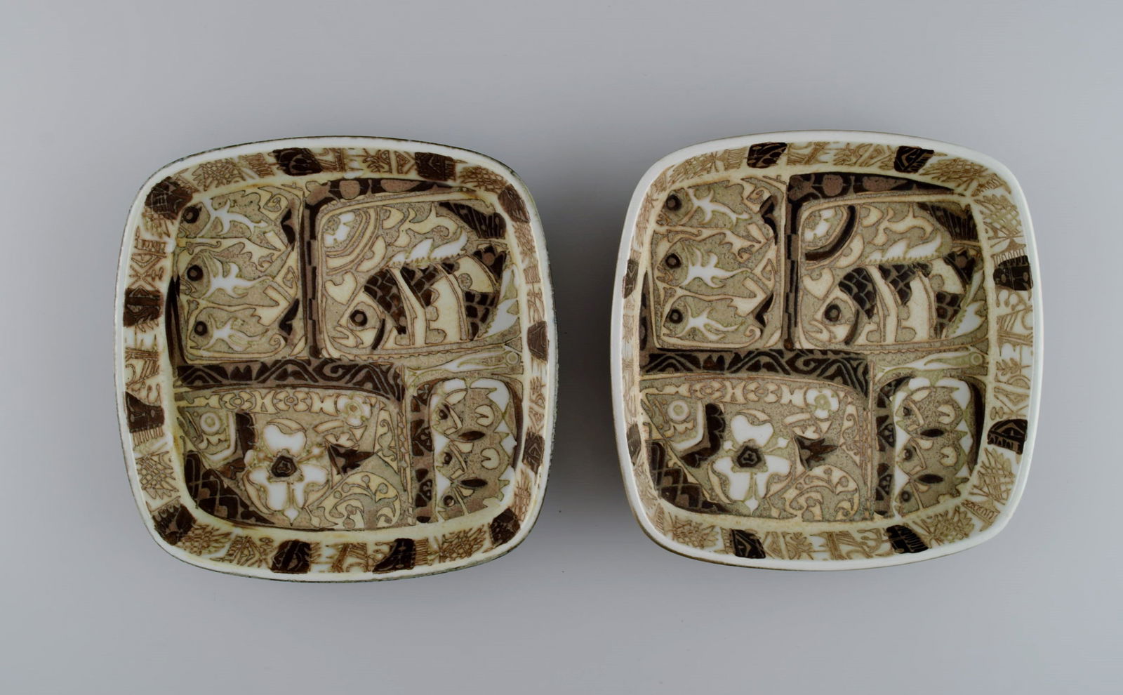 Nils Thorsson and Johanne Gerber for Aluminia, Royal Copenhagen. Two square Baca dishes decorated (1 of 6)