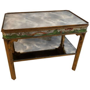 Hollywood Regency Coffee Table with Poly-Chromed Mirrored Scenes in Chinoiserie: Title: Hollywood Regency Coffee Table with Poly-Chromed Mirrored Scenes in ChinoiserieDescription: Hollywood Regency coffee table with poly-chromed mirrored scenes in chinoiserie. This stunning and