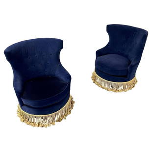 Pair of Blue Tufted Back Slipper Swivel Chairs, Velvet, Mid-Century Modern: Title: Pair of Blue Tufted Back Slipper Swivel Chairs, Velvet, Mid-Century ModernDescription: Pair of Mid-Century Modern blue tufted back slipper swivel chairs, velvet Pair of transitional style